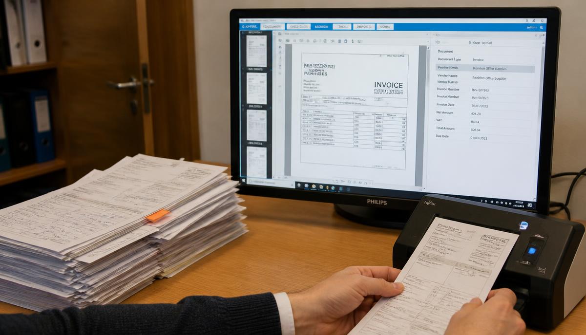 Rechnungsstapel neben einem Bildschirm mit automatischer Belegerfassung