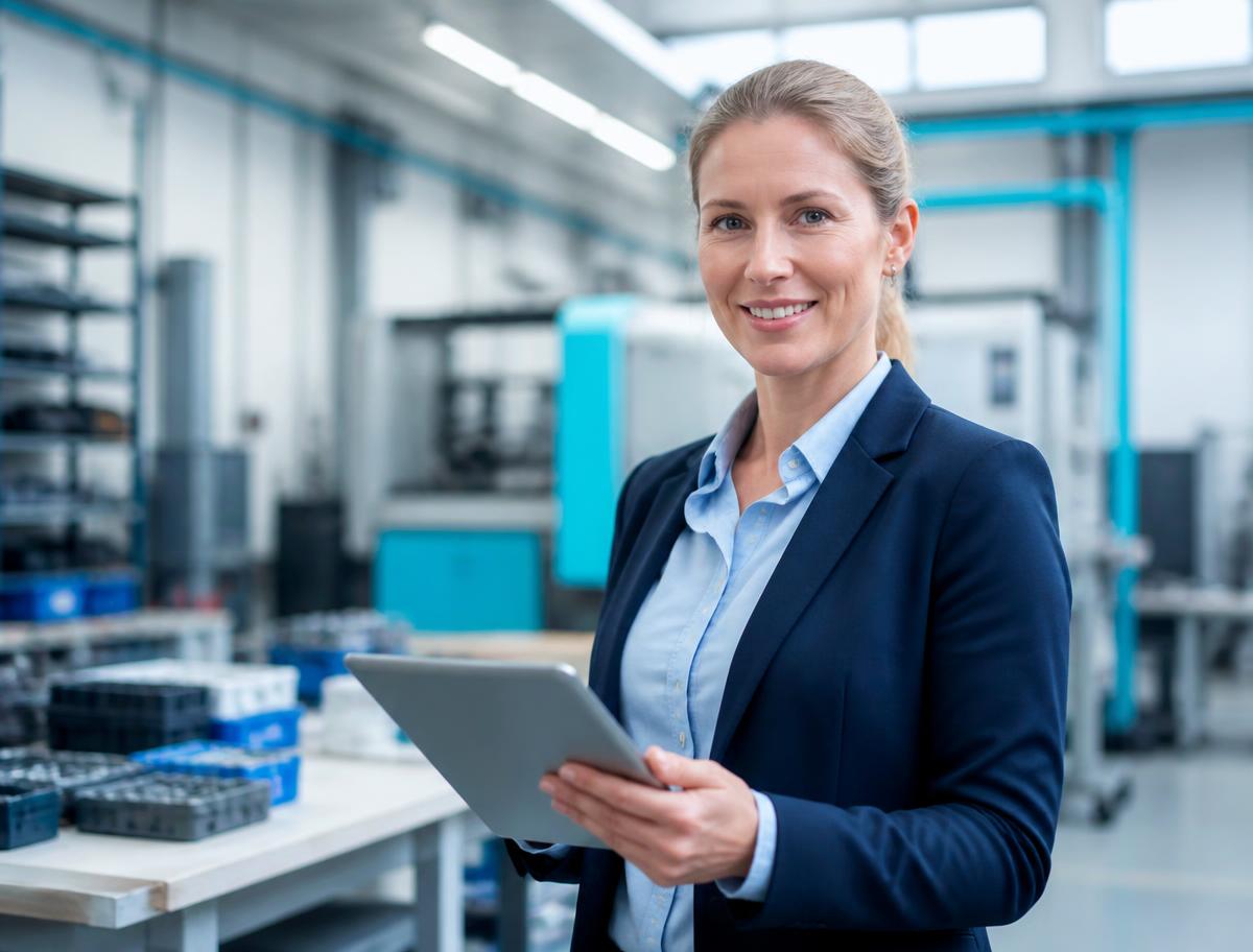 Mitarbeiterin prüft Warenwirtschaftsdaten in einer Lagerhalle