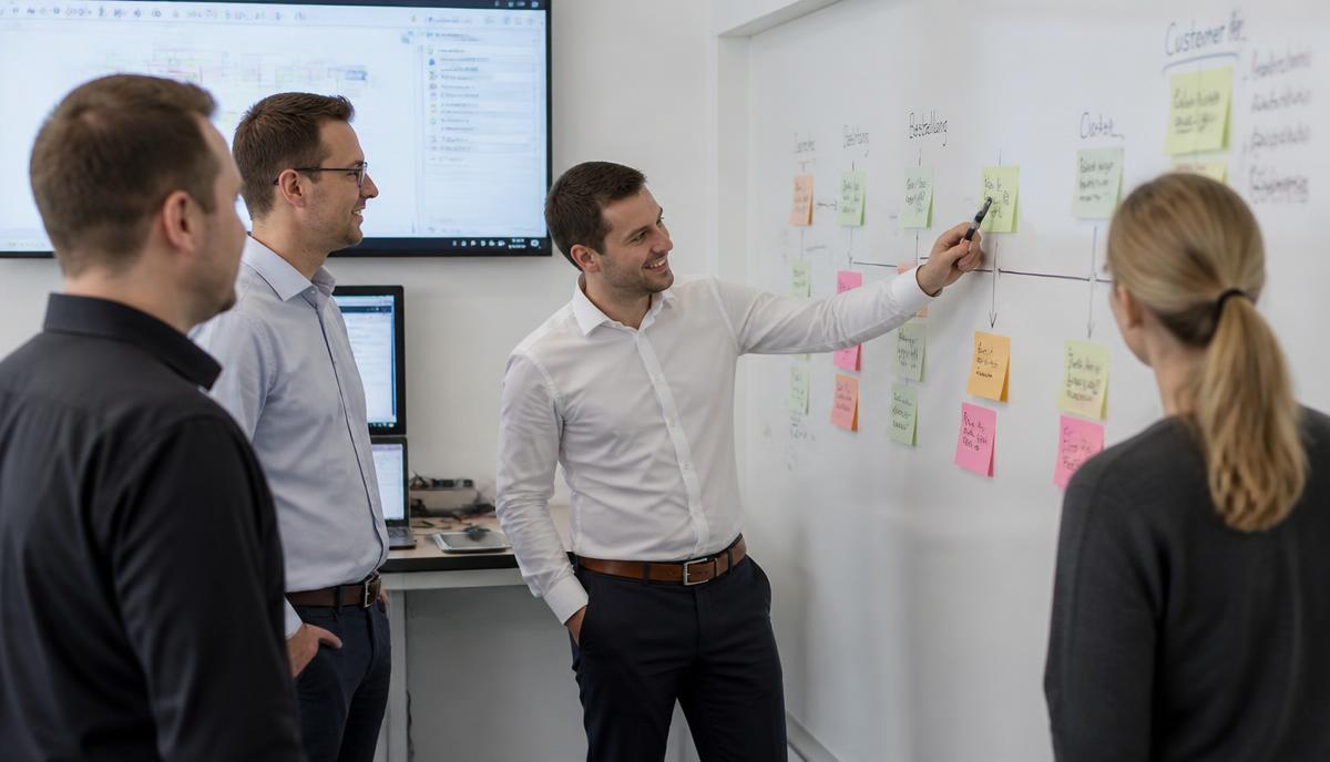 Team am Whiteboard erarbeitet ein Prozessdiagramm mit Haftnotizen